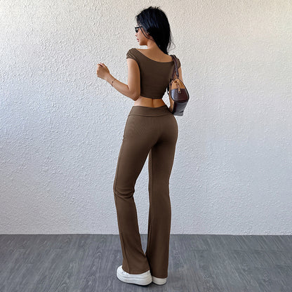 Solid Ribbed Pants Set with Off-Shoulder Crop Top