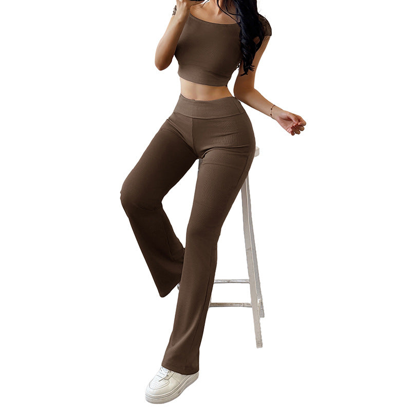 Solid Ribbed Pants Set with Off-Shoulder Crop Top