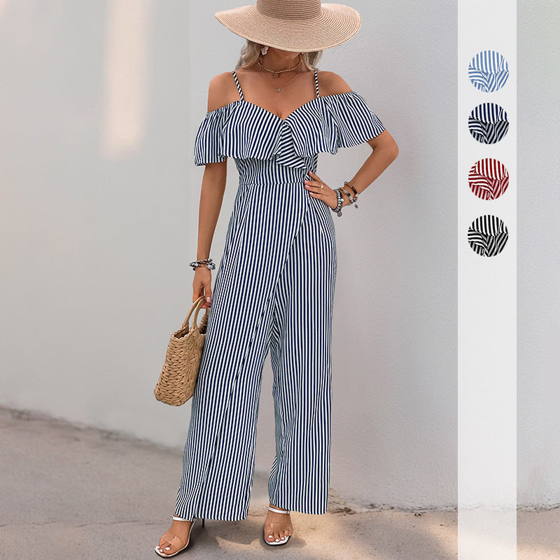 Wide-Leg Striped Jumpsuit with Off-Shoulder Ruffle