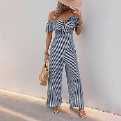 Wide-Leg Striped Jumpsuit with Off-Shoulder Ruffle