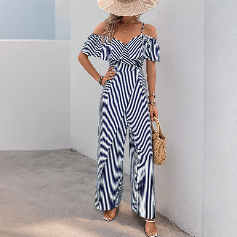 Wide-Leg Striped Jumpsuit with Off-Shoulder Ruffle