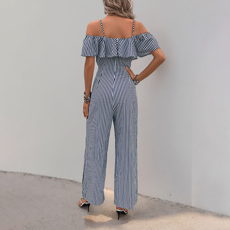 Wide-Leg Striped Jumpsuit with Off-Shoulder Ruffle
