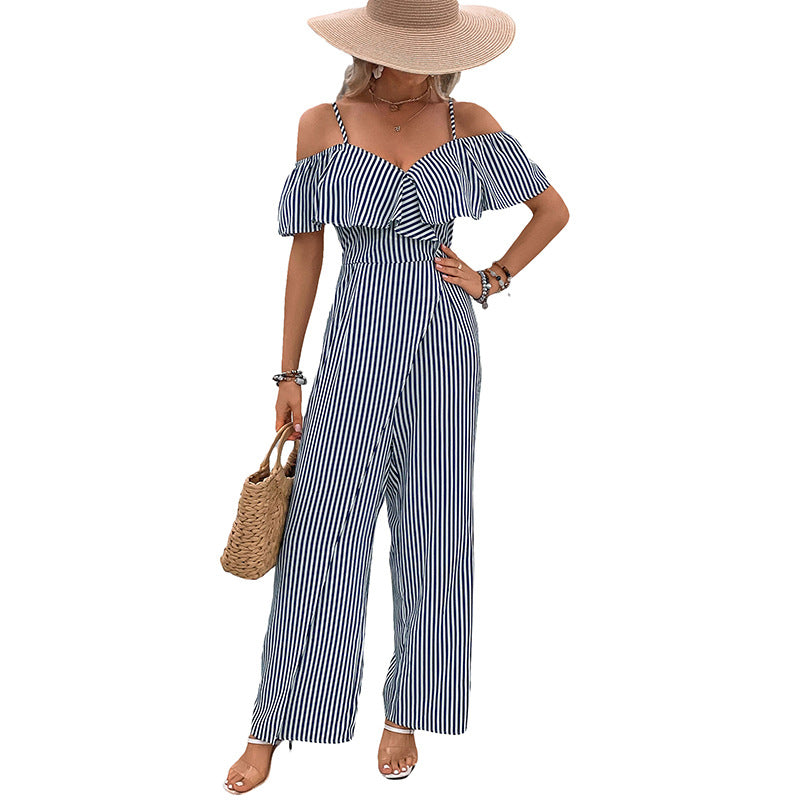 Wide-Leg Striped Jumpsuit with Off-Shoulder Ruffle
