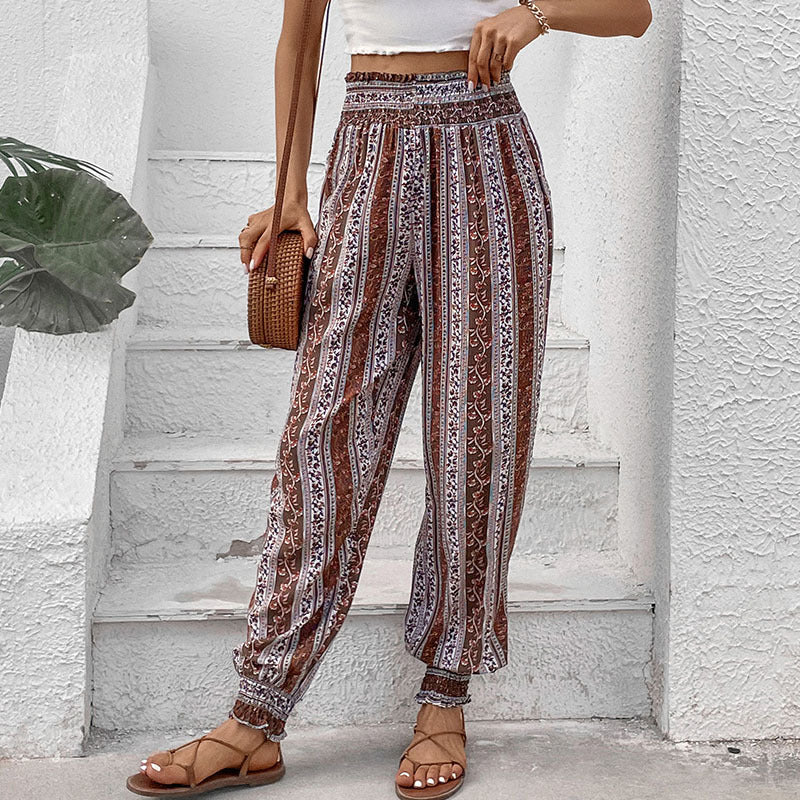 Retro Printed Jogger Pants with High Waist