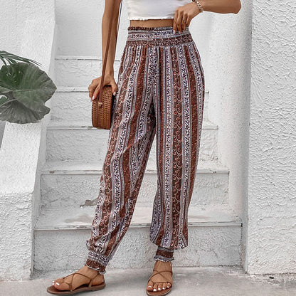Retro Printed Jogger Pants with High Waist