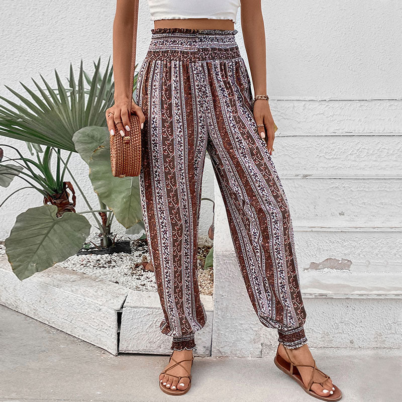 Retro Printed Jogger Pants with High Waist