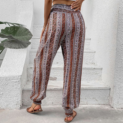 Retro Printed Jogger Pants with High Waist