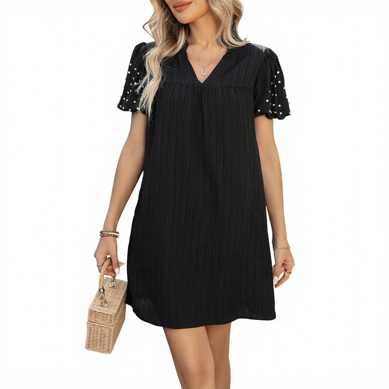 Shift Dress with V-Neck and Beaded Puff Sleeves
