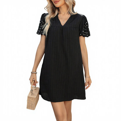 Shift Dress with V-Neck and Beaded Puff Sleeves