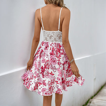 Floral Print Mini Dress with Lace Bodice and Cut-Outs