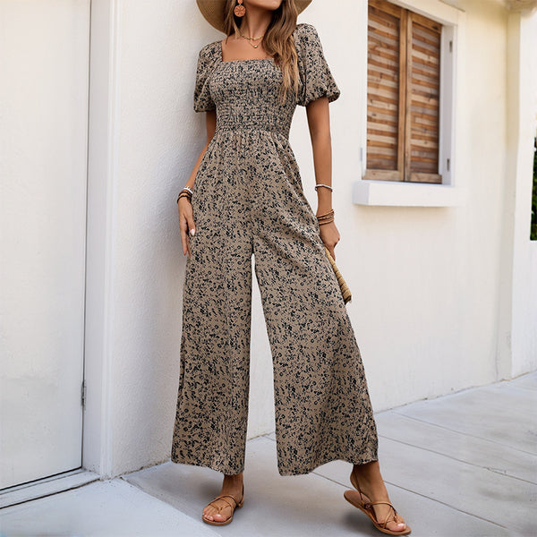 Floral Print Jumpsuit with Smocked Puff Sleeves and Wide Legs