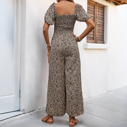 Floral Print Jumpsuit with Smocked Puff Sleeves and Wide Legs