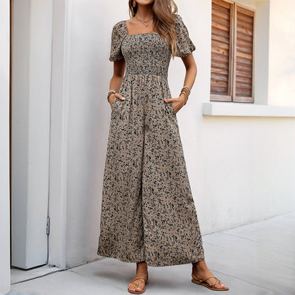 Floral Print Jumpsuit with Smocked Puff Sleeves and Wide Legs