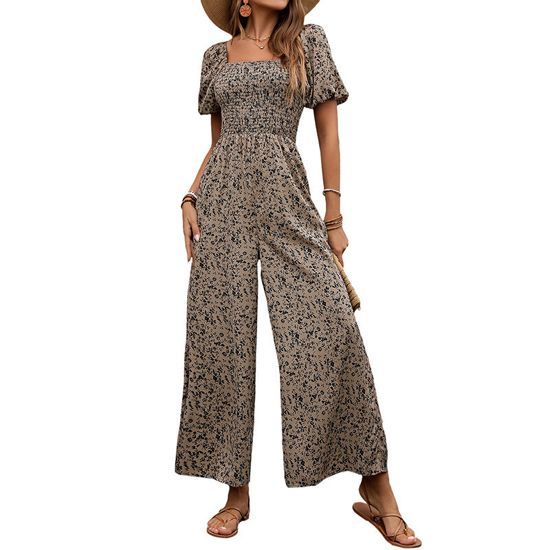 Floral Print Jumpsuit with Smocked Puff Sleeves and Wide Legs