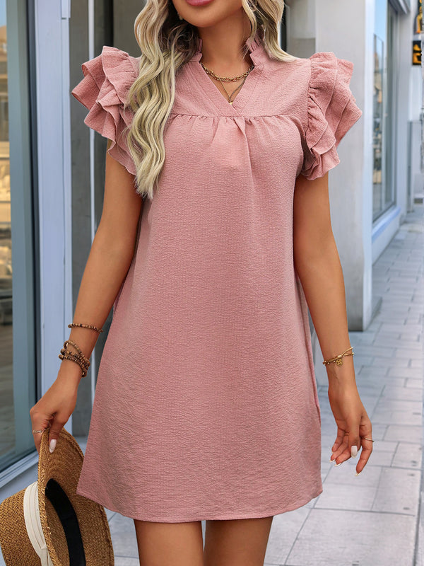 Solid Color Straight Mini Dress with V-Neck and Ruffle Sleeves