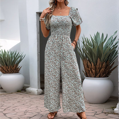 Floral Wide-Leg Jumpsuit with Square Neck and Puff Sleeves