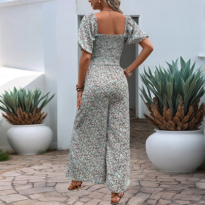 Floral Wide-Leg Jumpsuit with Square Neck and Puff Sleeves