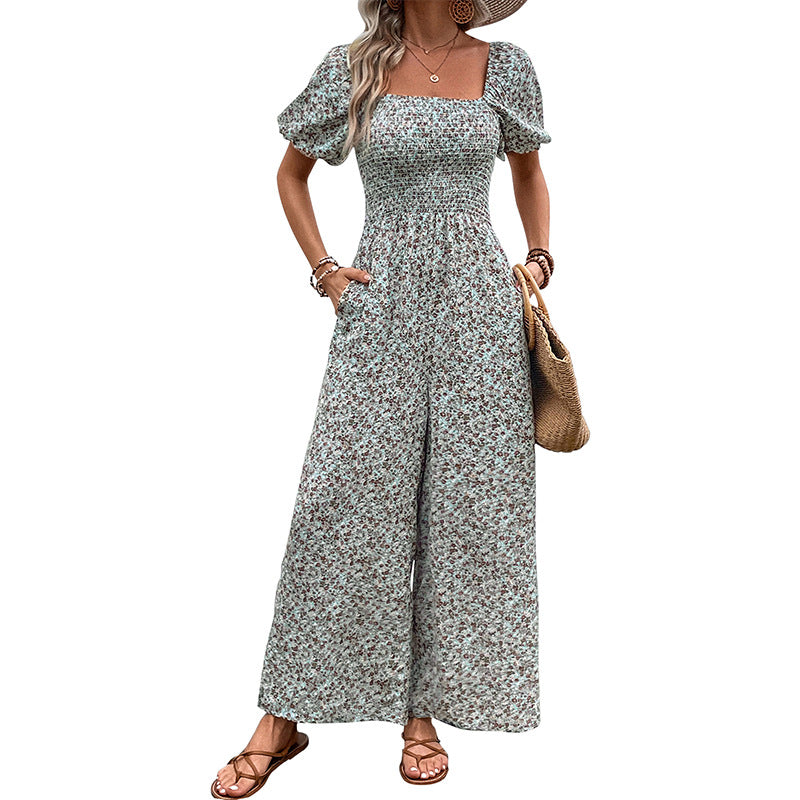 Floral Wide-Leg Jumpsuit with Square Neck and Puff Sleeves