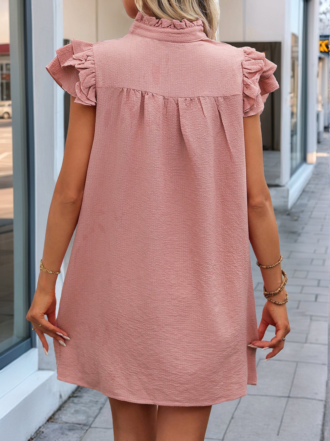 Solid Color Straight Mini Dress with V-Neck and Ruffle Sleeves