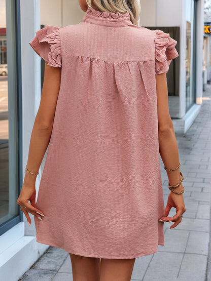 Solid Color Straight Mini Dress with V-Neck and Ruffle Sleeves