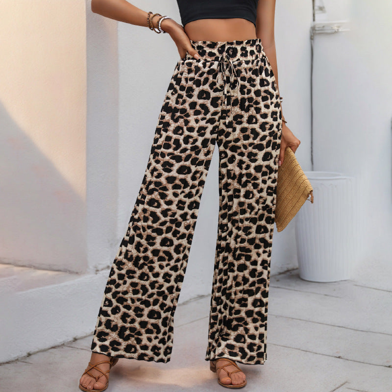 Leopard Print Wide-Leg Pants with High Drawstring Waist