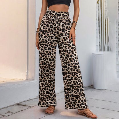 Leopard Print Wide-Leg Pants with High Drawstring Waist
