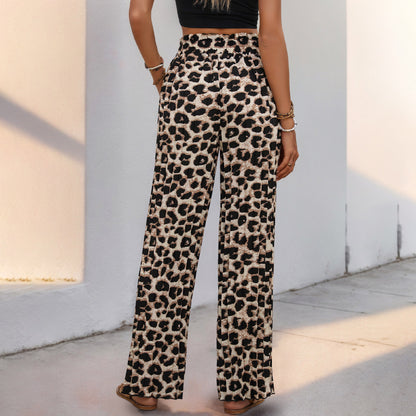 Leopard Print Wide-Leg Pants with High Drawstring Waist