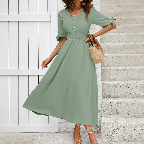 A-Line Midi Dress with V-Neck and Smocked Waist