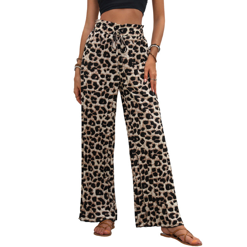 Leopard Print Wide-Leg Pants with High Drawstring Waist