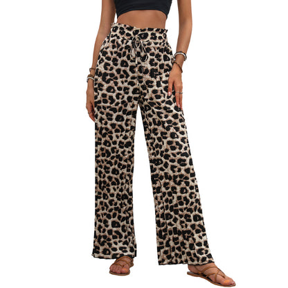 Leopard Print Wide-Leg Pants with High Drawstring Waist