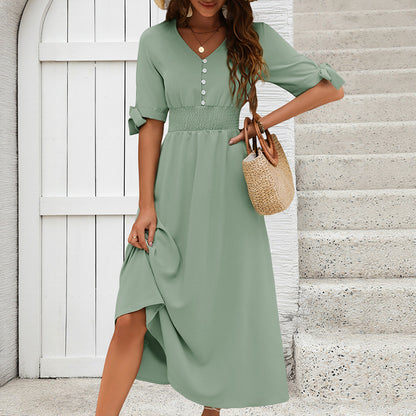 A-Line Midi Dress with V-Neck and Smocked Waist