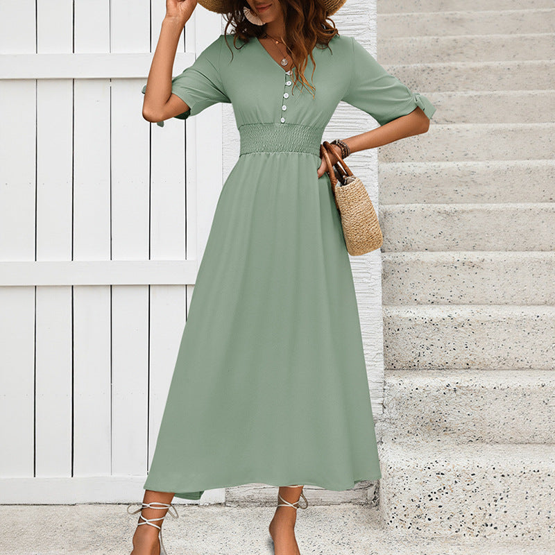 A-Line Midi Dress with V-Neck and Smocked Waist