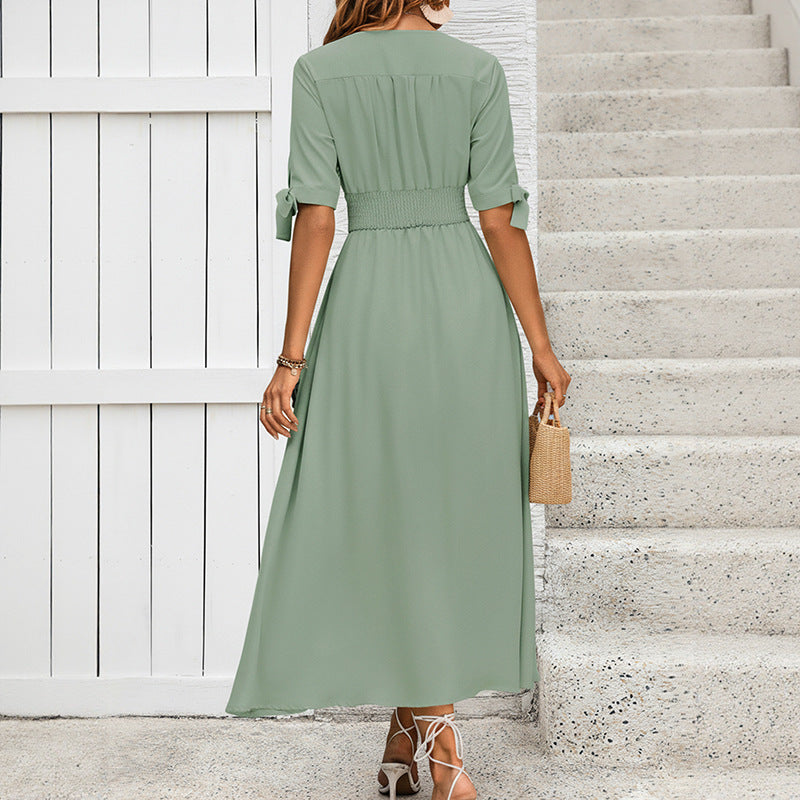 A-Line Midi Dress with V-Neck and Smocked Waist