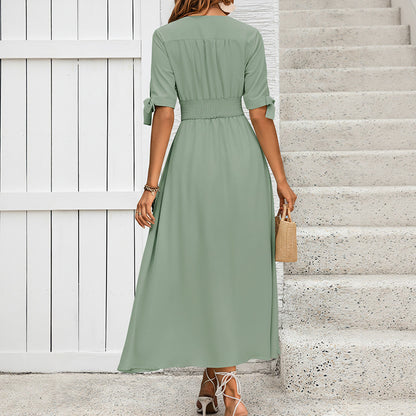 A-Line Midi Dress with V-Neck and Smocked Waist