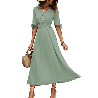 A-Line Midi Dress with V-Neck and Smocked Waist