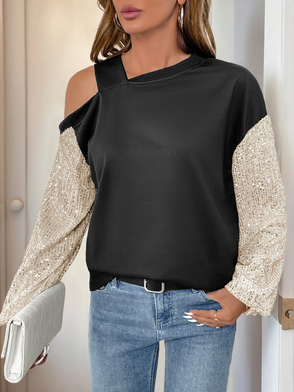 Color Block Sweatshirt with Sequin Sleeves and Off-Shoulder