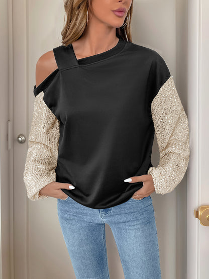 Color Block Sweatshirt with Sequin Sleeves and Off-Shoulder