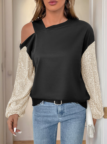 Color Block Sweatshirt with Sequin Sleeves and Off-Shoulder
