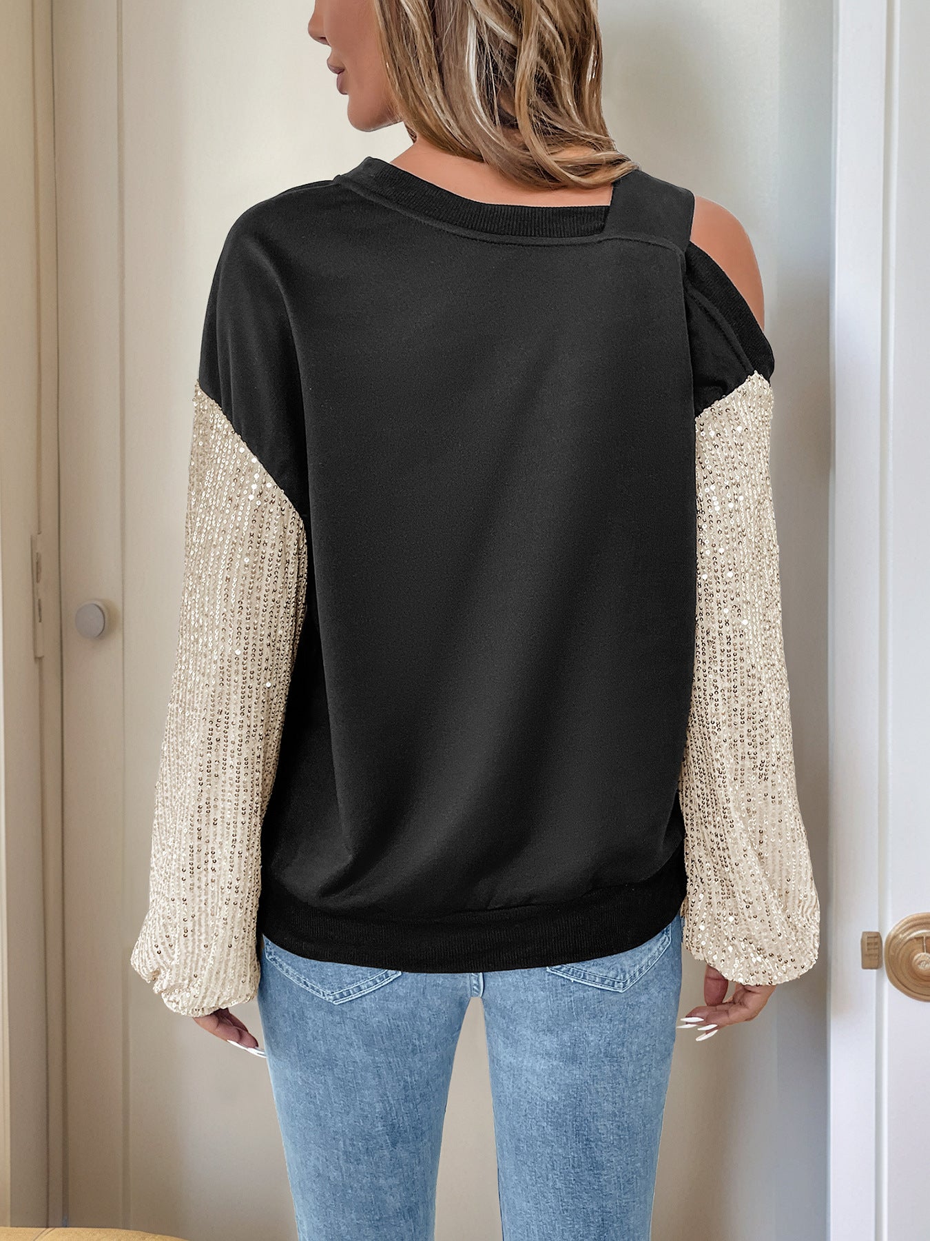 Color Block Sweatshirt with Sequin Sleeves and Off-Shoulder