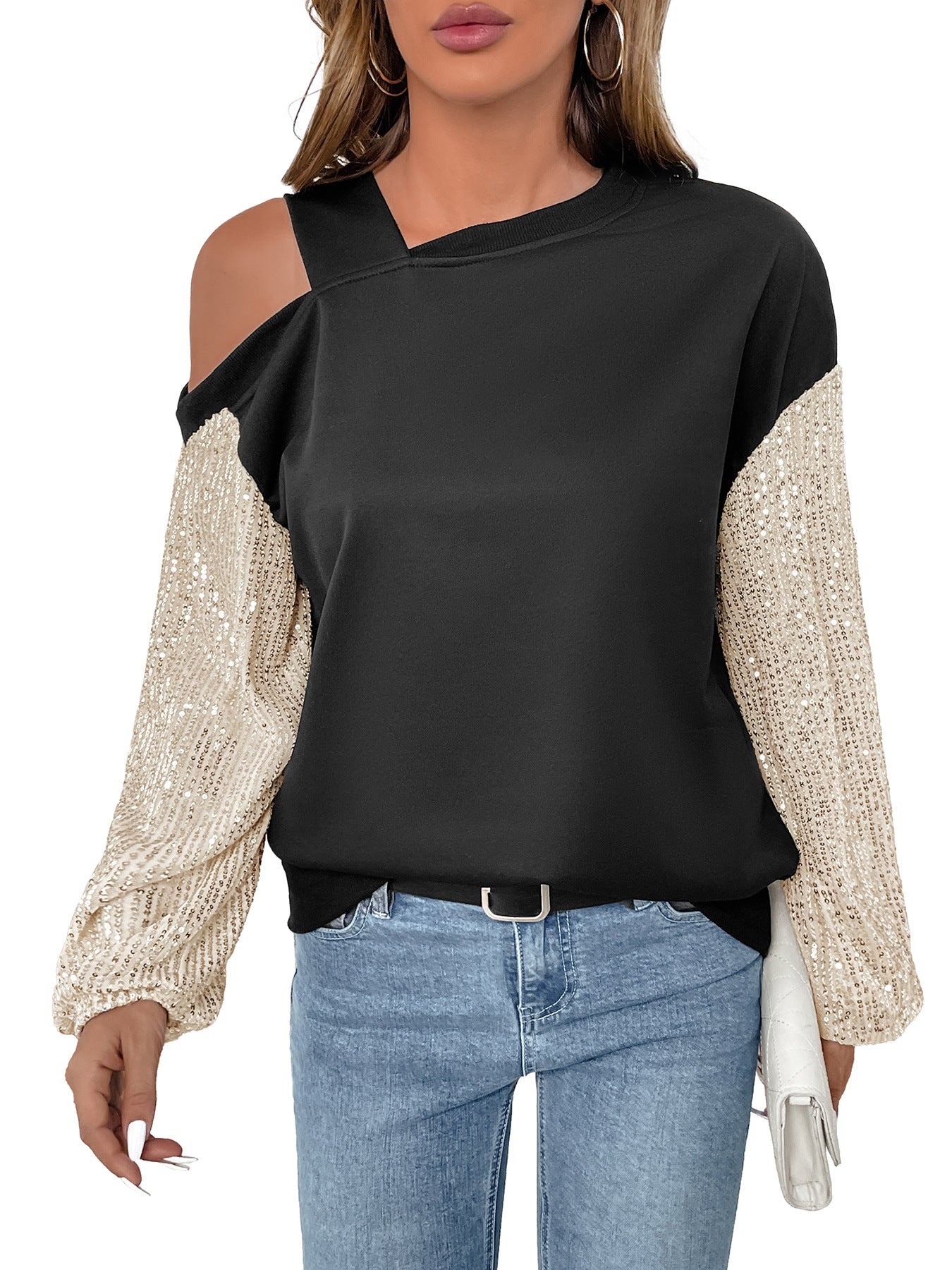 Color Block Sweatshirt with Sequin Sleeves and Off-Shoulder