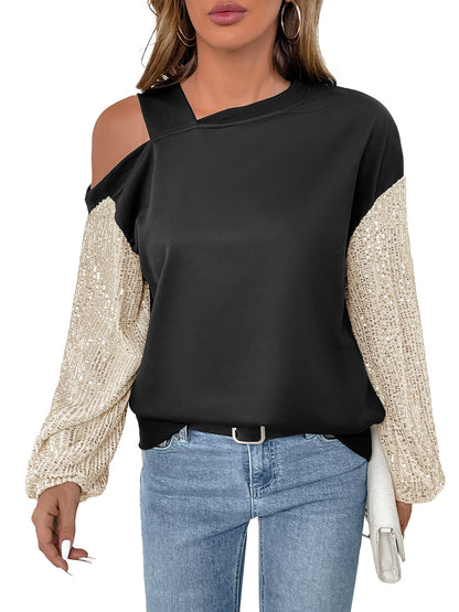 Color Block Sweatshirt with Sequin Sleeves and Off-Shoulder