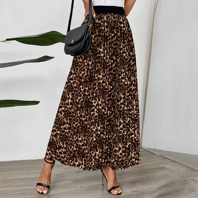 Leopard Print Pleated Midi Skirt with Elastic Waist