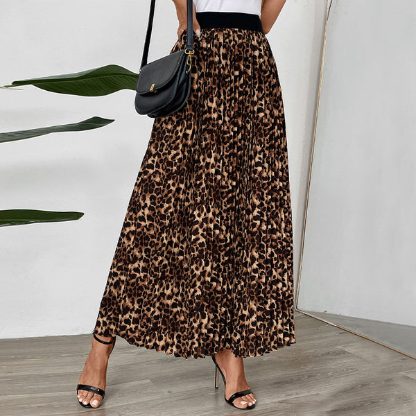 Leopard Print Pleated Midi Skirt with Elastic Waist