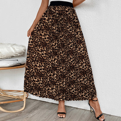 Leopard Print Pleated Midi Skirt with Elastic Waist