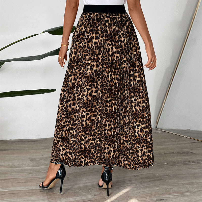 Leopard Print Pleated Midi Skirt with Elastic Waist