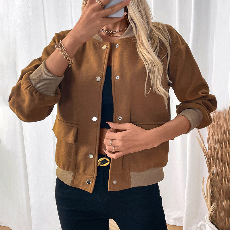 Solid Color Bomber Jacket with Baseball Collar and Ribbed Trim
