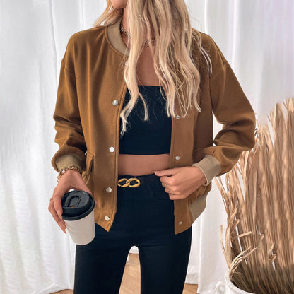 Solid Color Bomber Jacket with Baseball Collar and Ribbed Trim