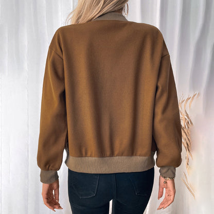 Solid Color Bomber Jacket with Baseball Collar and Ribbed Trim