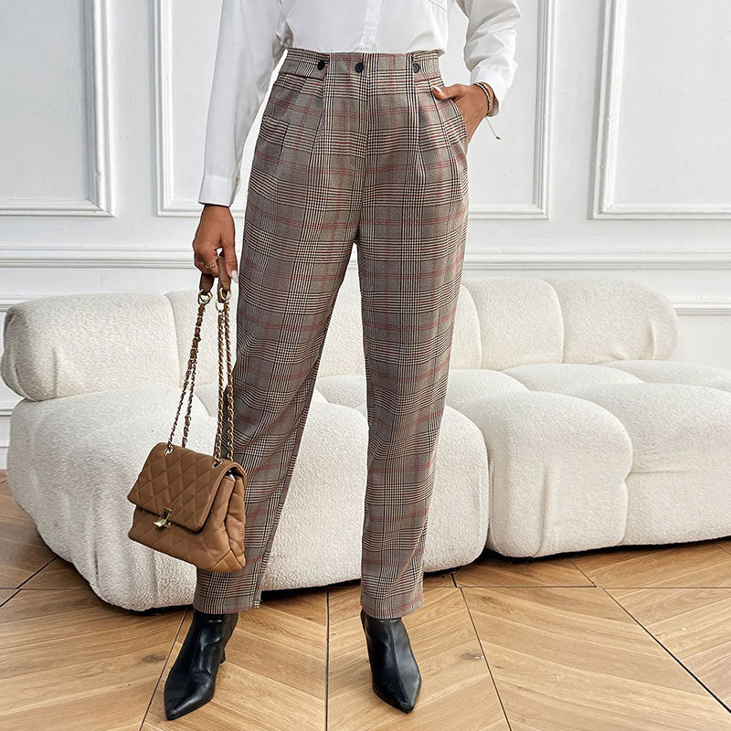Checked Tapered Suit Pants with High-Waist and Pleats