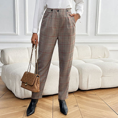 Checked Tapered Suit Pants with High-Waist and Pleats